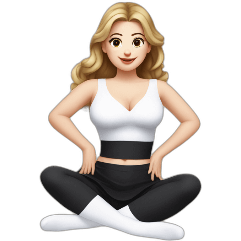 Front view curvy caucasian beauty sits on the floor straight hands up black skirt white stockings emoji