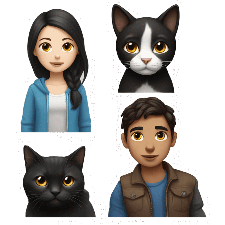 Girl and boy with dark brown hair and black and white cat emoji