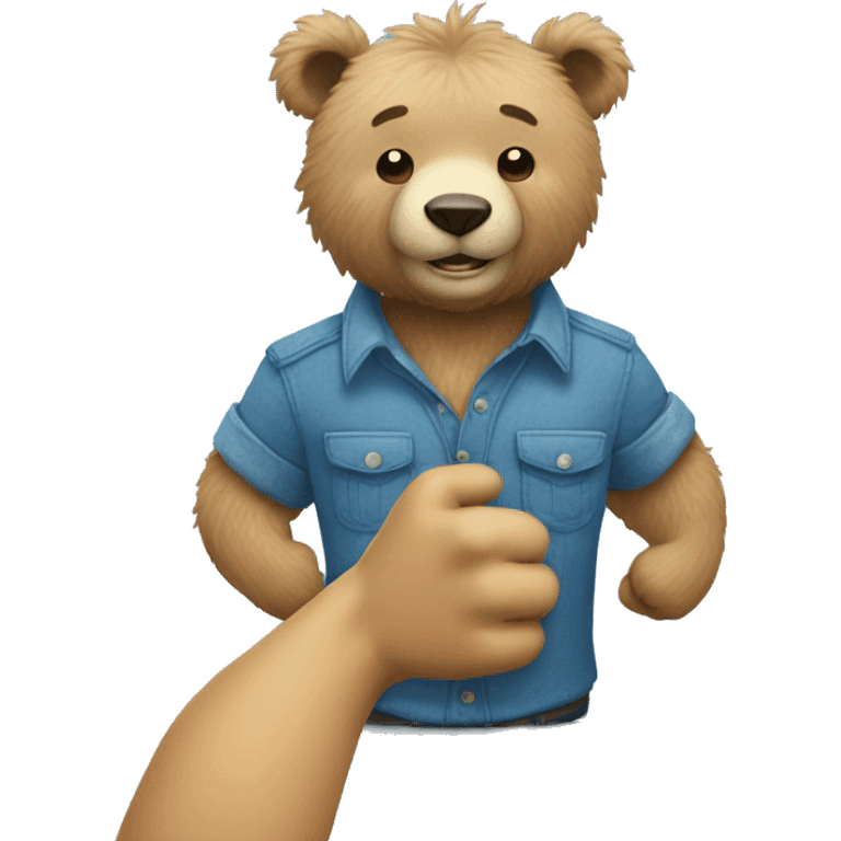 Skinny blue fuzzy bear wearing a work shirt and giving a fist bump emoji