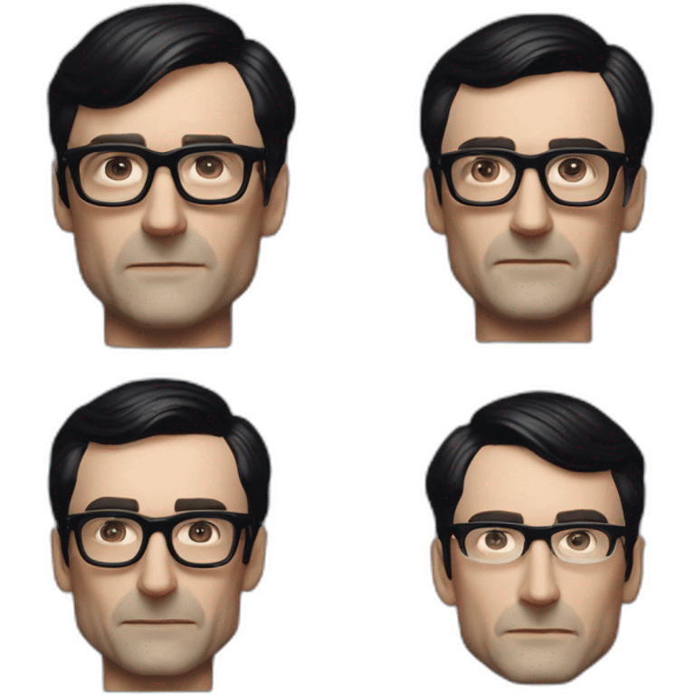 small photo realistic Ralf Hutter from Kraftwerk, short straight black hair, Dark Brown eyes, black glasses, thin, black shirt, beside black Tesla emoji