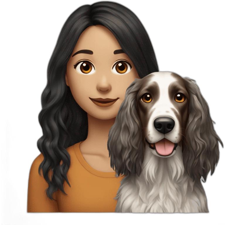 hyperrealist caucasian girl black long hair with brown english setter dog emoji