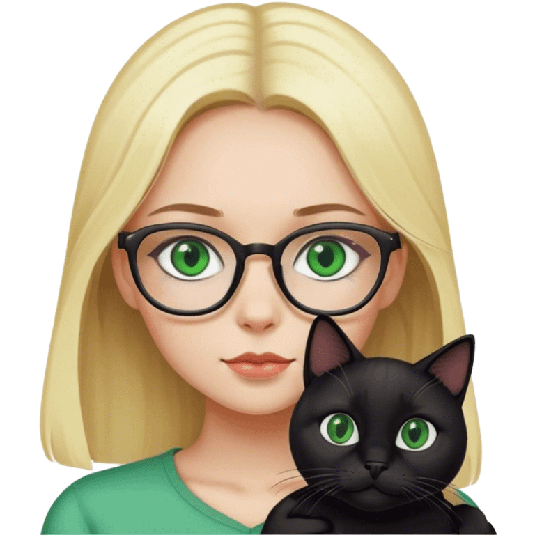 Blonde girl with glasses holding a black cat with green eyes  emoji