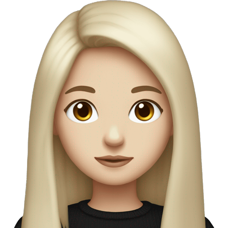 girl with long brown hair, bangs, blue eyes, black sweater, pale skintone emoji