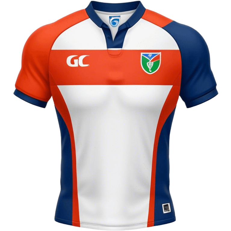 Cinematic Realistic image of a rugby jersey rendered in bold, dynamic team colors with intricately detailed fabric textures and natural creases, illuminated by dramatic stadium lighting emoji