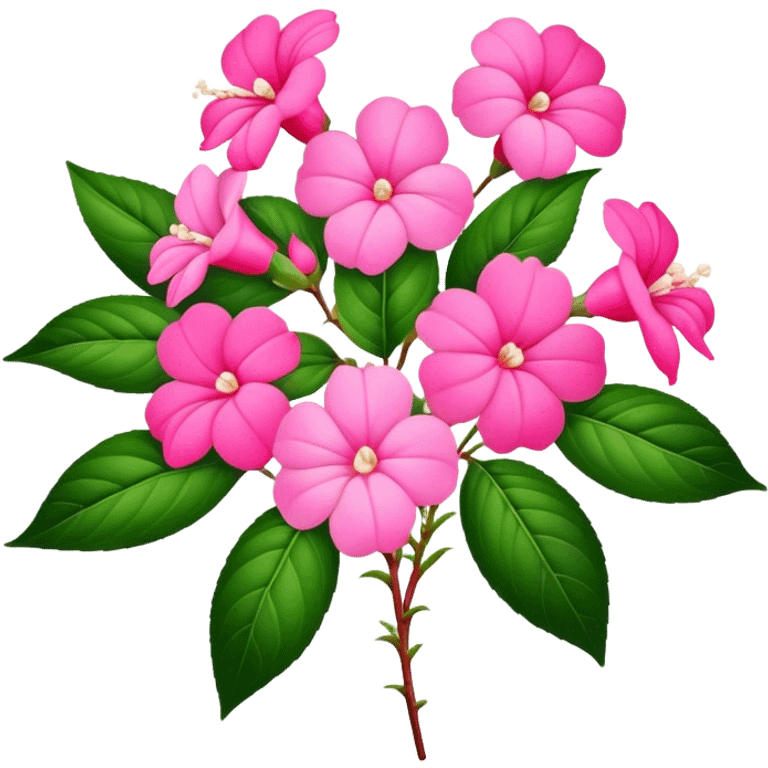 big bouquet pink Impatiens Balsamina flower stem, leaf emoji