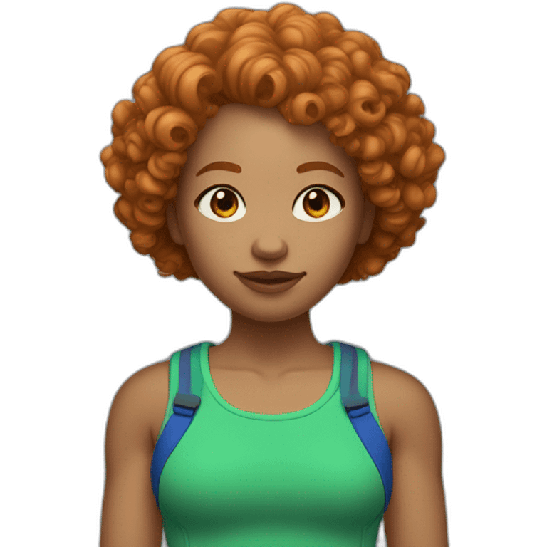 Curly Ginger woman, green crop top, blue shorts, light skin emoji