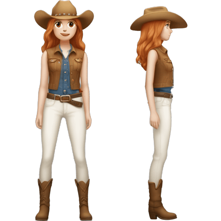 White skin, woman, feminine, 21 year old,straight hair , ginger coloured hair, beautiful, British, stylist, aesthetic, side and bangs, sensual looking, full body, complete body figure,slim, she’s wearing a cowboy outfit emoji