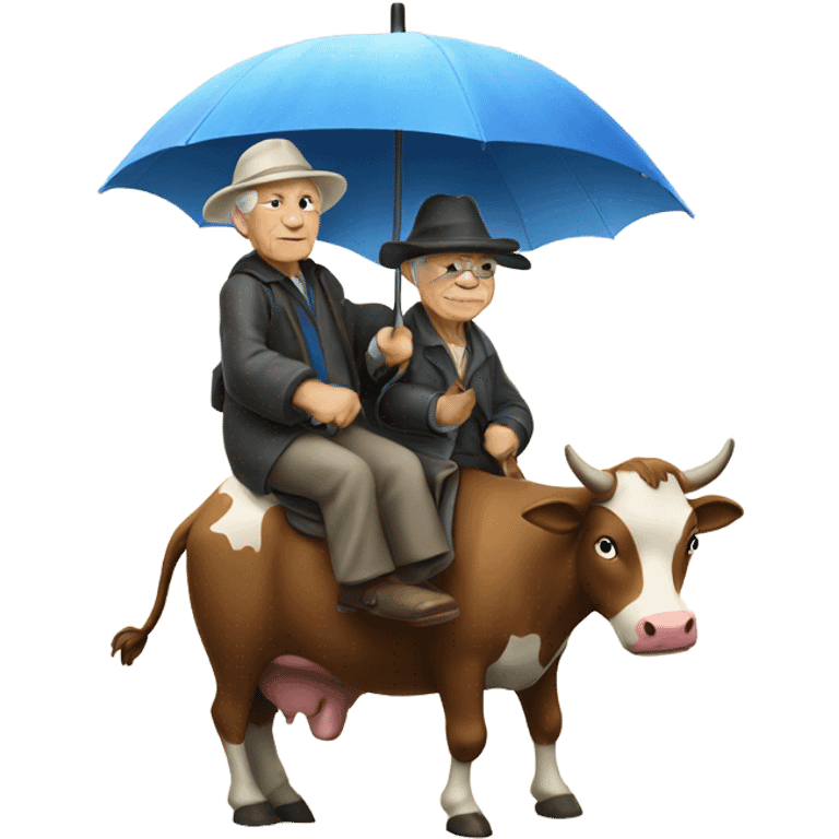 an old person wearing a hat riding a cow with umbrella  emoji