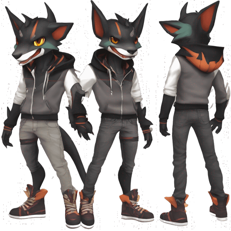 Cool Anthro Black Noivern-Houndoom-Litten-Pokémon with edgy stripes hoodie spiked collar punk Full Body emoji