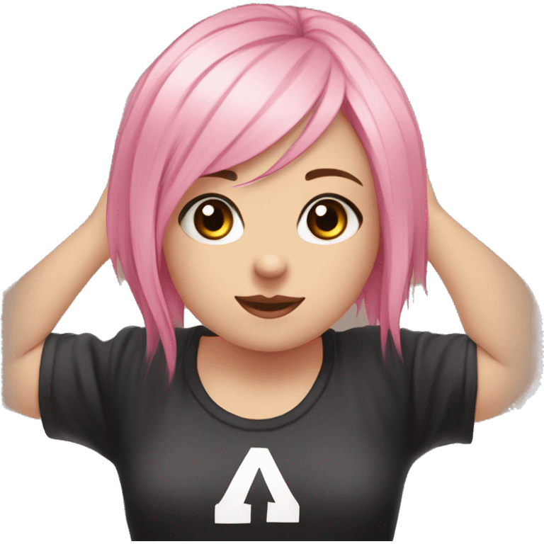 Front view curvy emo girl pink hair sits on the floor straight view hands up black skirt полосатые рваные чулки emoji