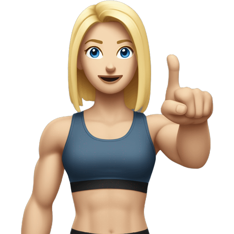 Close up Actively gesturing  with hands Pale skinned Fit woman With the biceps and blonde hair in dark gray Sleeveless Mike, black sports shorts, watch and white Sneakers and Blue Eyes  emoji