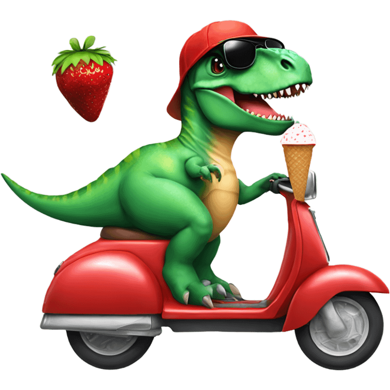 Dinosaur wearing sunglasses on scooter with a ice cream hat eating a bow of strawberries  emoji