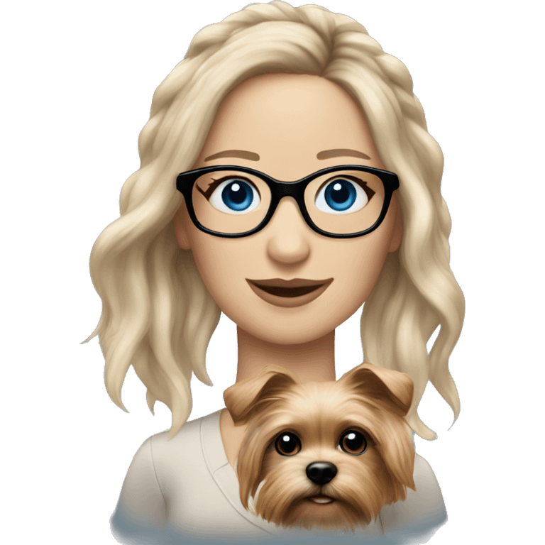 Jennifer Lawrence realistic with blue eyes and glasses holding a Yorkshire terrier  emoji