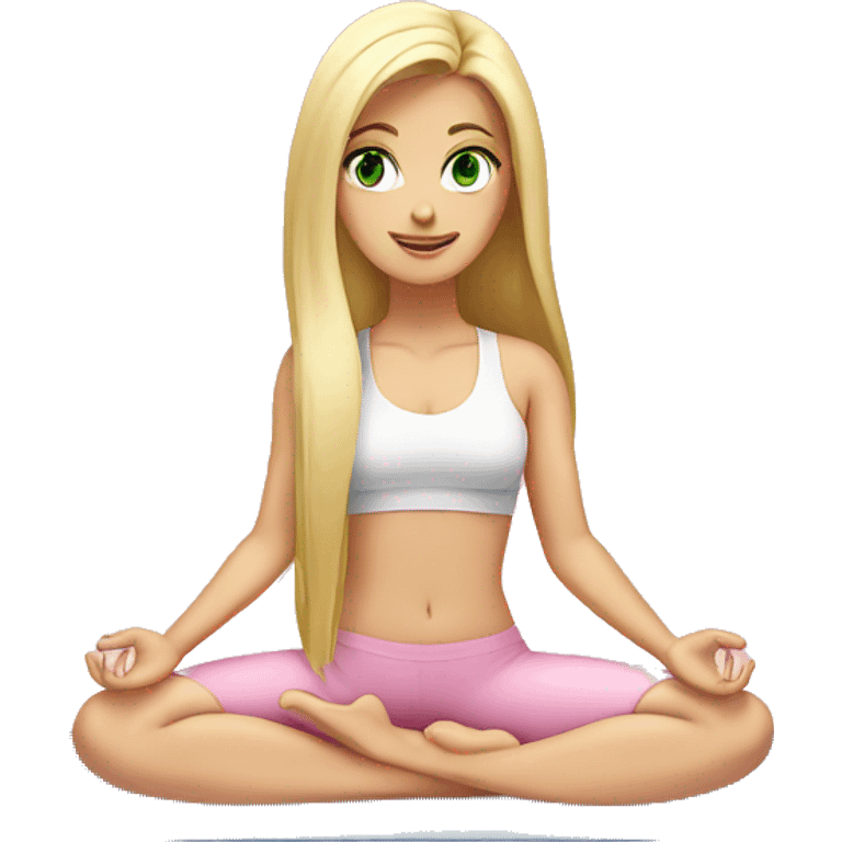 blonde long hair and green eyes yoga girl in light pink clothes sitting on a yoga mat emoji