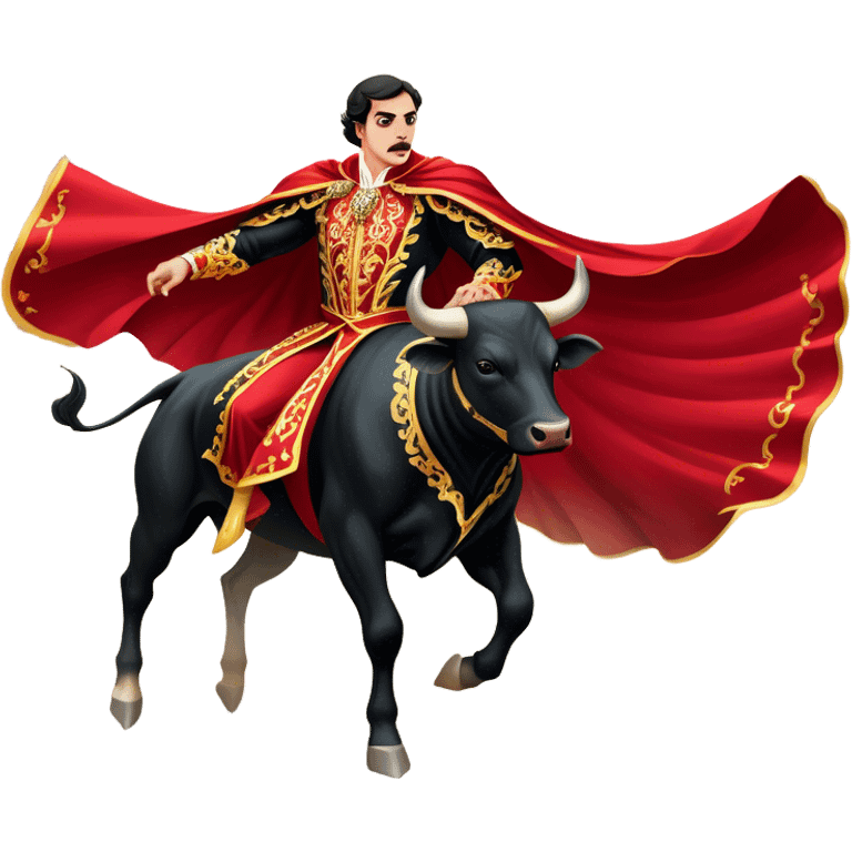 ​Cinematic Realistic Spanish Matador in Action, depicted in an ornate traje de luces with a flowing red cape, captured in the dramatic moment of confronting a charging bull in a traditional bullring, rendered with dynamic motion and dramatic lighting that encapsulates the intensity and artistry of the spectacle, emoji