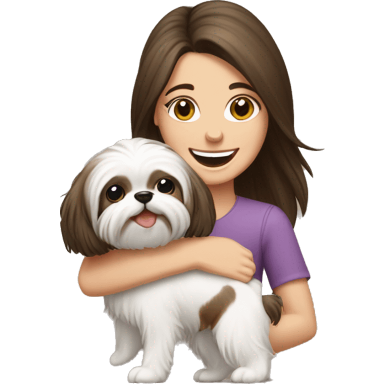 happy brunette girl carrying happy Shih Tzu emoji