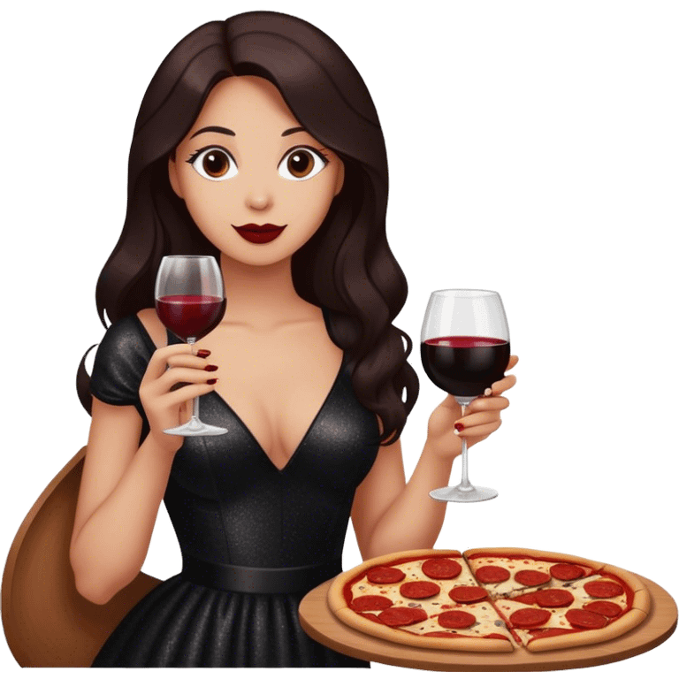 Beautiful woman in 1950’s woman fashion look, black shimmery dress, long dark brown hair, red wine, Pepperoni pizza emoji