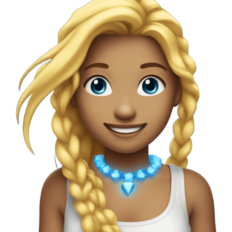 A cheerful teenage girl with long yellow hair, wearing a white sleeveless shirt and a glowing blue necklace while smiling emoji