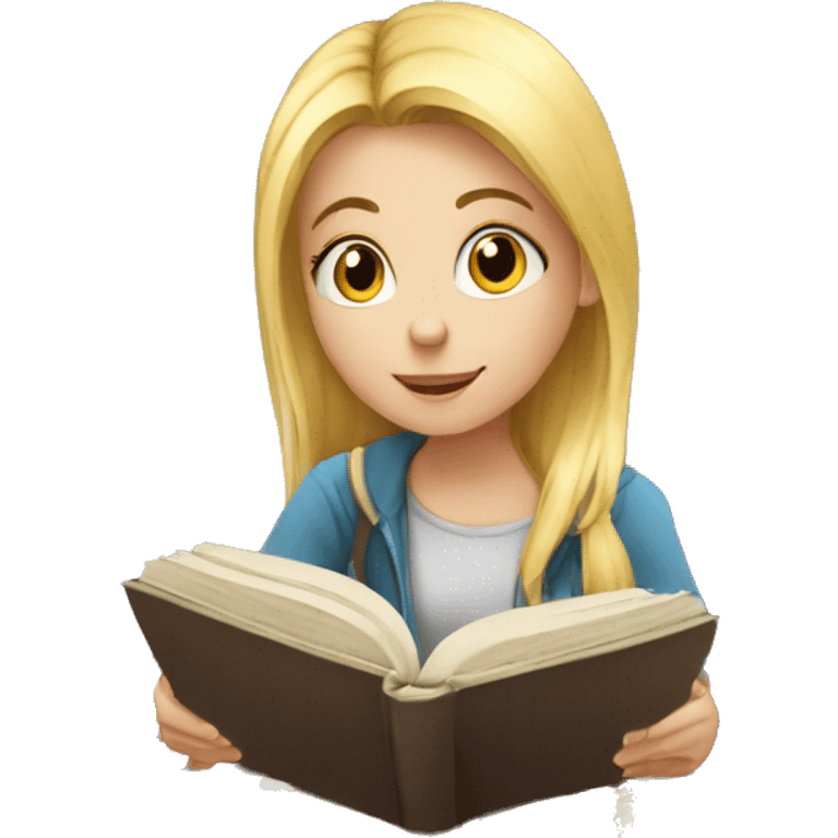 Blond girl learning chess, she is holding a book and is looking on a chess board emoji