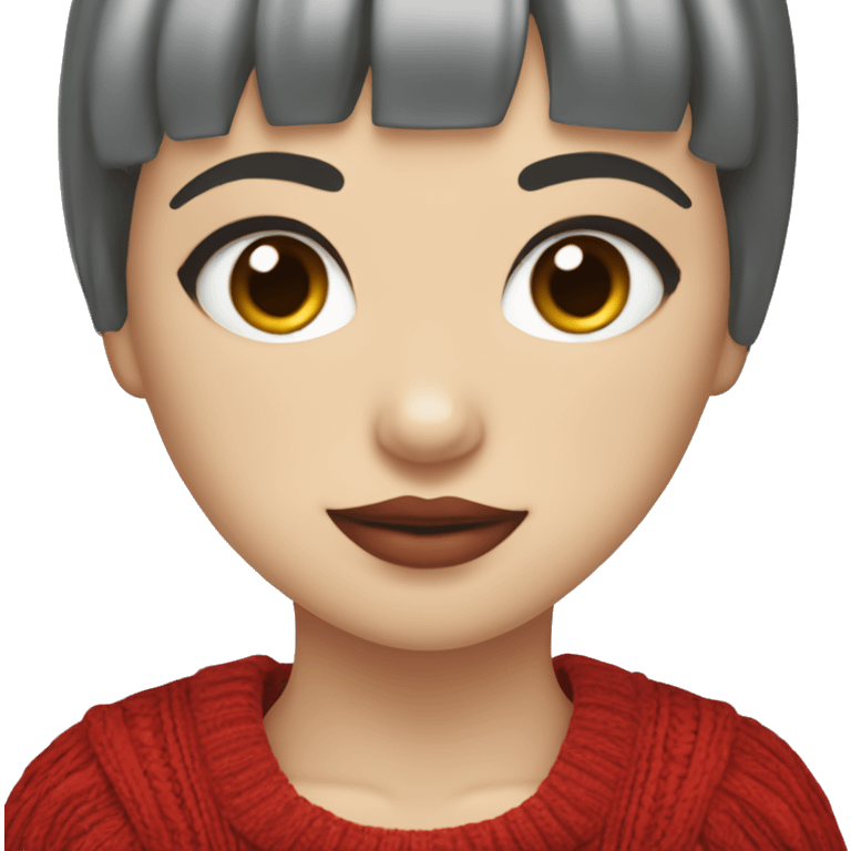 girl with short hair and bangs (a fringe) with blue eyes, long eyelashes and red lipstick in a red cable knit sweater. She must be holding a grey cat emoji