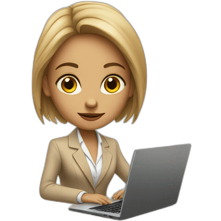 A girl in a beige business suit sits at a laptop emoji