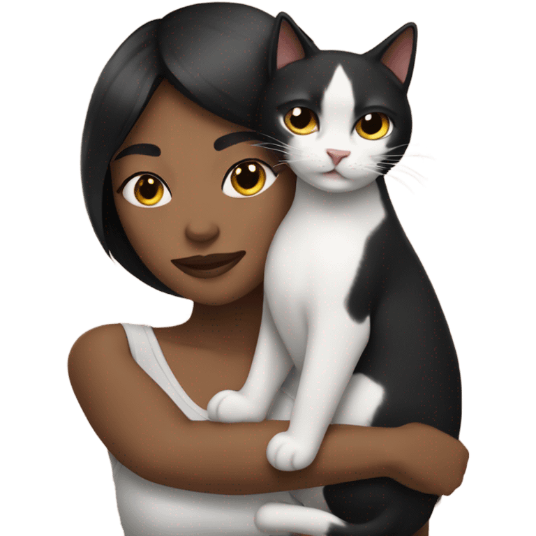 Brown woman with black hair hugging a black and white cat  emoji