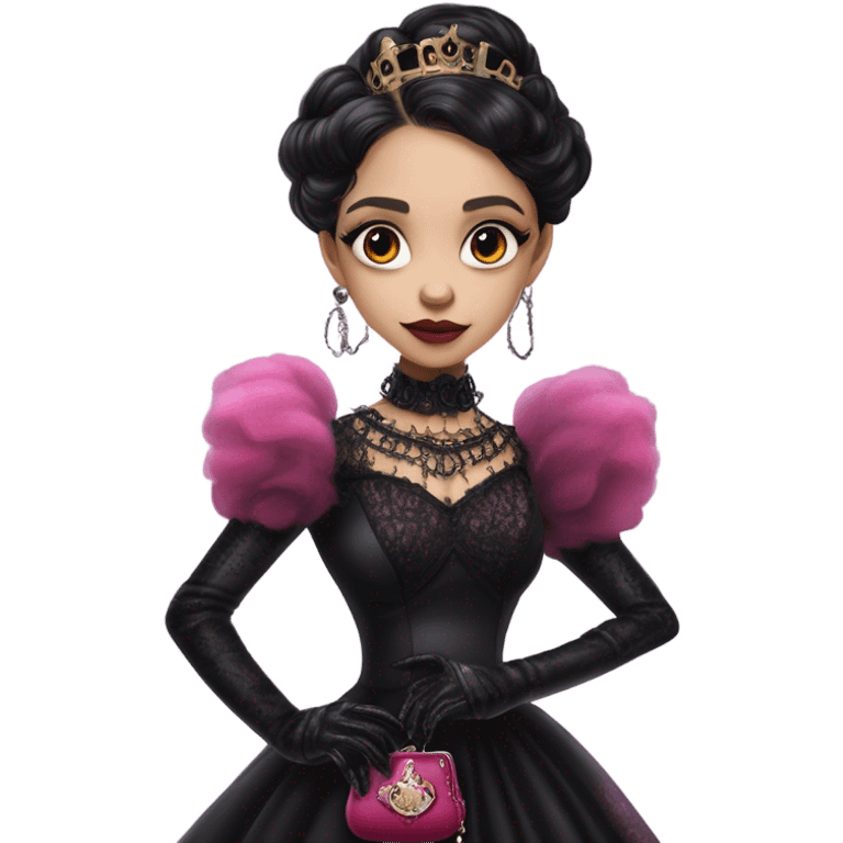 provocatively flirty Lavish black evening gown with see-through gloves, Jenna Ortega as Addams woman prom queen wearing a steampunk mini tiara, very large blood  pink evil-looking horned old dragon purse emoji