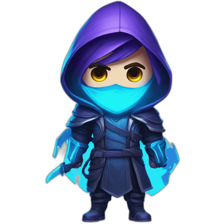 Riot Games Valorant Omen Male neon blue eyes glowing bright blue Video game character blue purple hooded assassin themed character shrouded wraith emoji