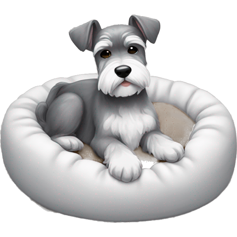 Grey and white mini schnauzer full body asleep in dog bed      emoji