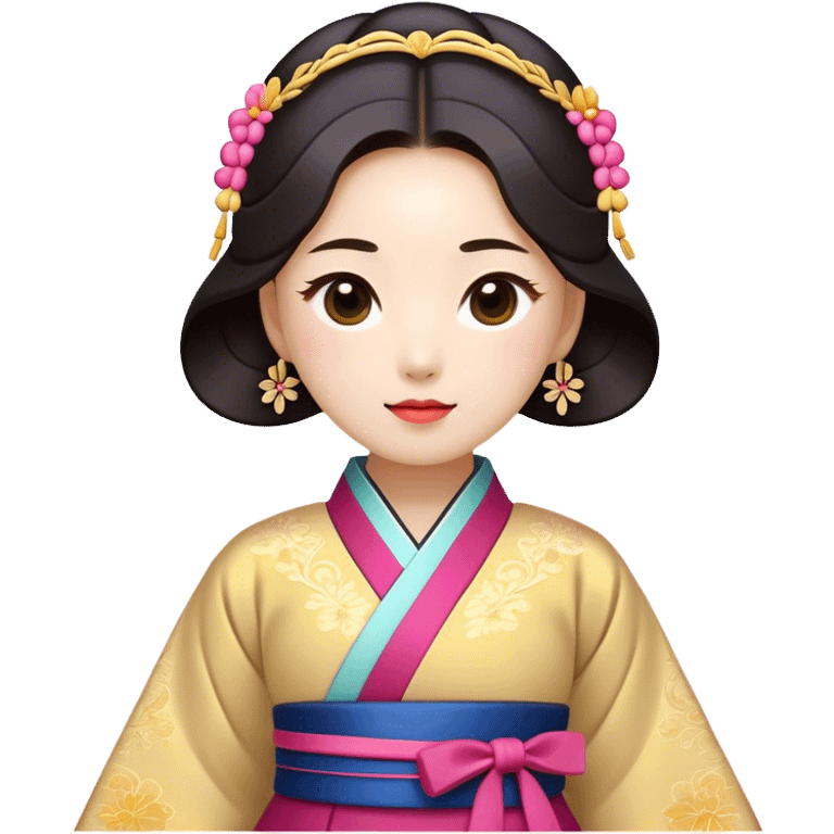 Cinematic Realistic Hanbok Emoji, depicted as a graceful intricately designed traditional Korean dress with vibrant colors and flowing lines, rendered with delicate textures and soft cultural lighting that captures its timeless elegance. emoji