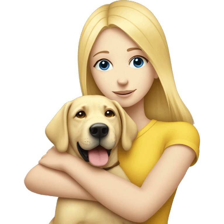 Blonde girl with blue eyes hugging a yellow lab emoji