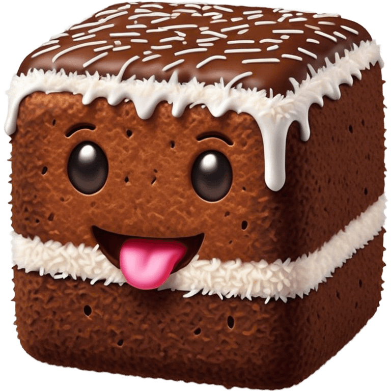 Cinematic Realistic Lamingtons Dessert Emoji, depicted as soft sponge squares coated in chocolate and coconut rendered with mouth‚Äêwatering detail and vibrant lighting. emoji