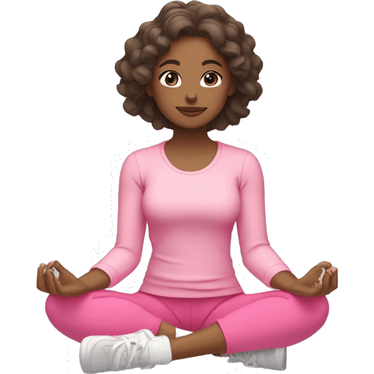 girl with light tan skin and dark loose wavy hair wearing pink exercise clothes sitting cross legged meditating with closed eyes 😌 emoji