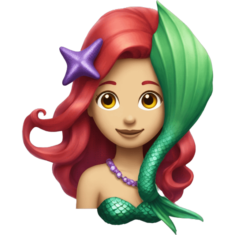 Mermaid with red hair, green tail, and purple seashell top emoji