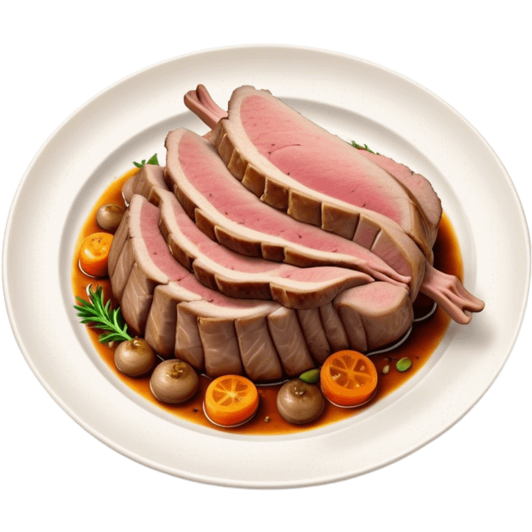 Roast Lamb Cinematic Realistic Roast Lamb Dish Emoji, depicted as thinly sliced roast lamb arranged artfully on a plate, rendered with rich textures and warm, inviting lighting. emoji