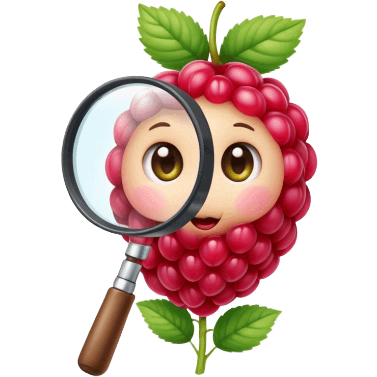 A cute raspberry holds a magnifier. It has a budding like structure which keeps that magnifier emoji