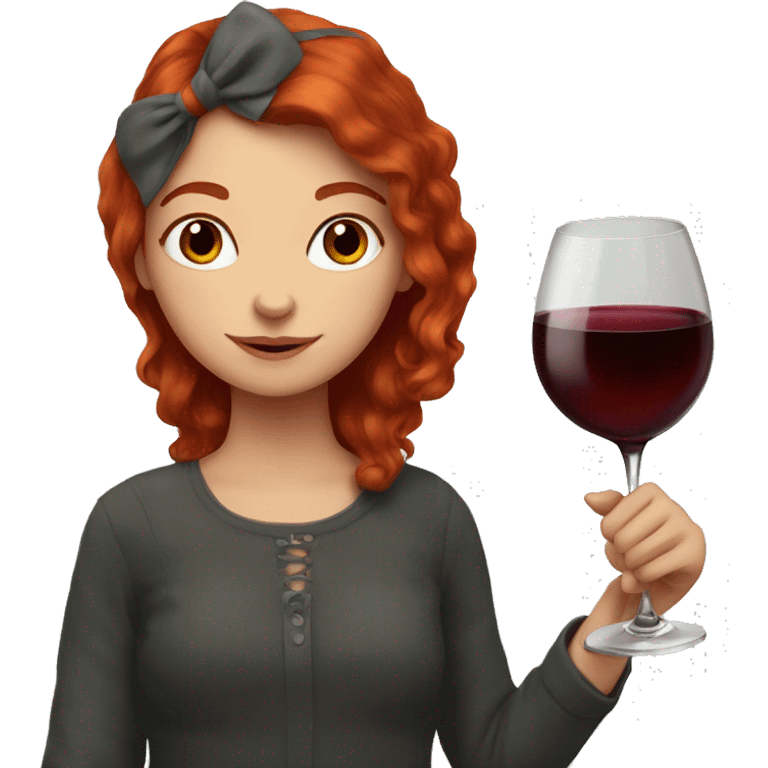 Portrait of a red-haired girl who drinks red wine with cat emoji