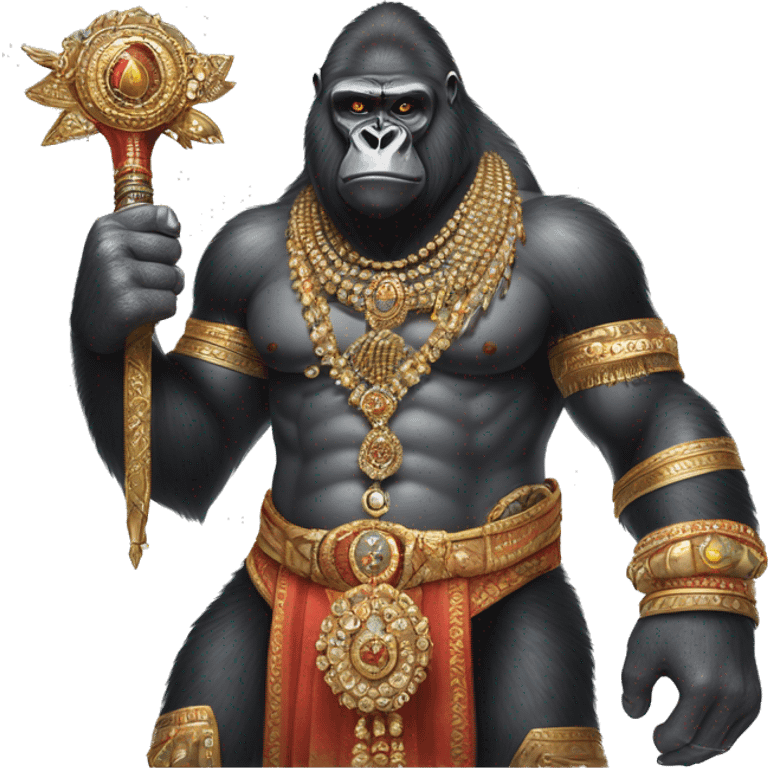 male gorilla with indian male jewellery and  indian traditional wear, holding a  huge weapon, humanoid, holding another  huge weapon  emoji