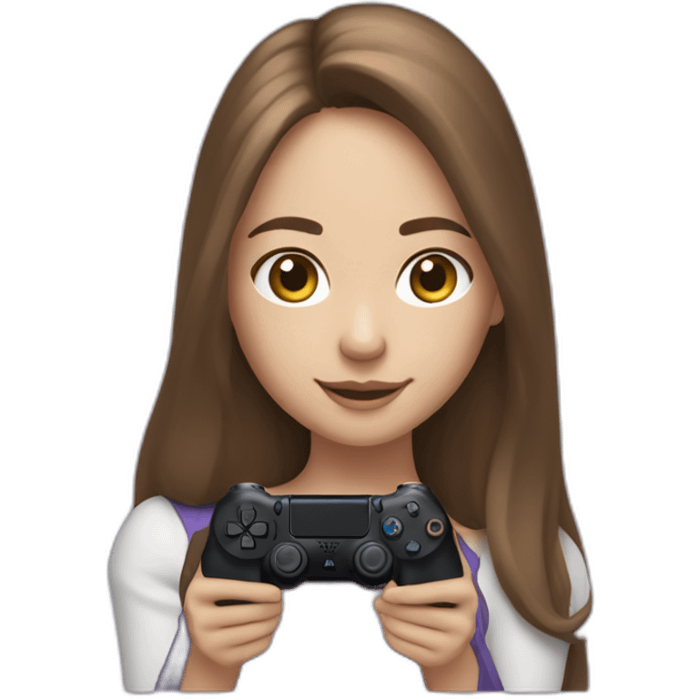 Caucasian Girl with long Brown hair holding a playstation 4 controller turned to her looking at a screen emoji