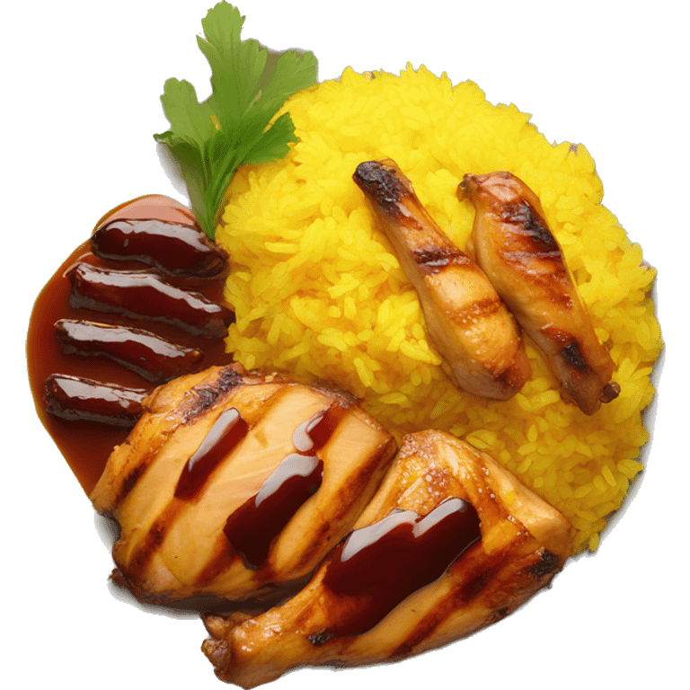 A plate of yellow rice with grilled chicken and bbq sauce on top emoji