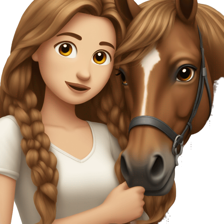 Beautiful Girl long brown hair hug her brown horse emoji