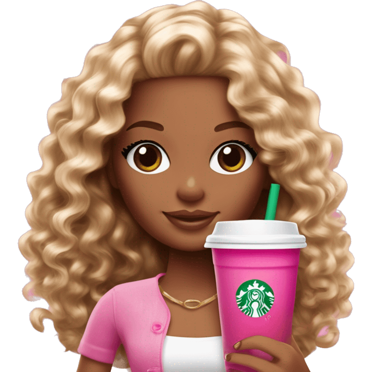 Barbie girl with brown and blonde ombré long curly hair holding Pink starbucks refresher emoji