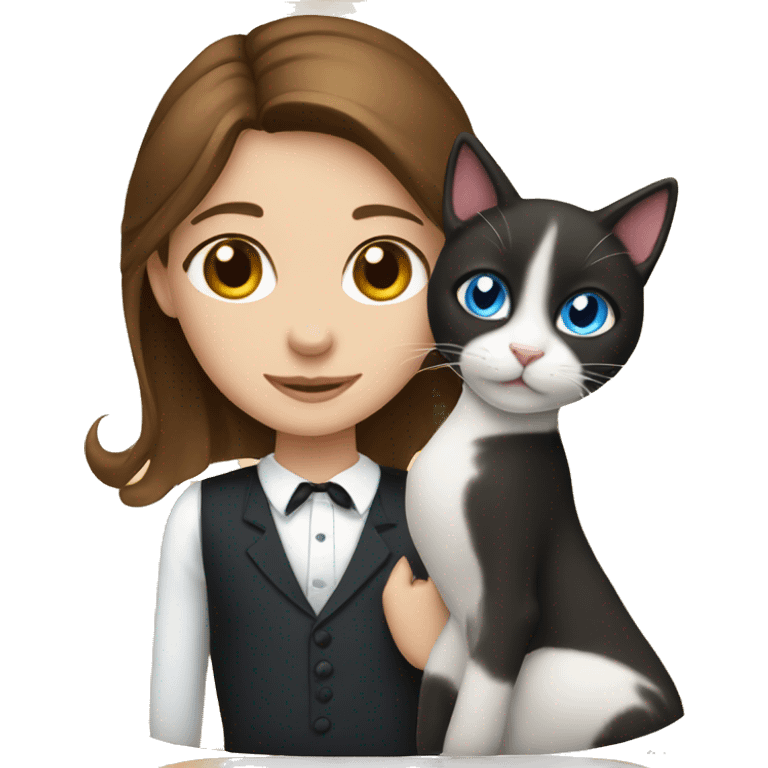 Brown hair blue eye girl with tuxedo cat emoji