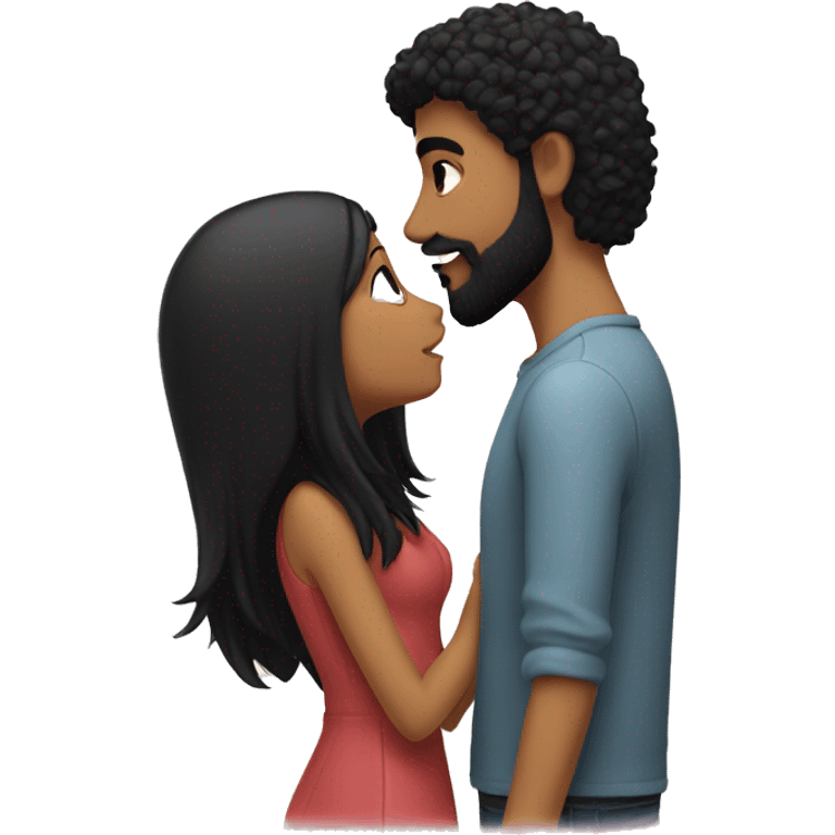 A girl with black hair kisses a guy with a black beard emoji