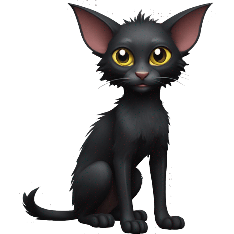 Black Lykoi Cat with Bat wings on head and big fangs full body emoji