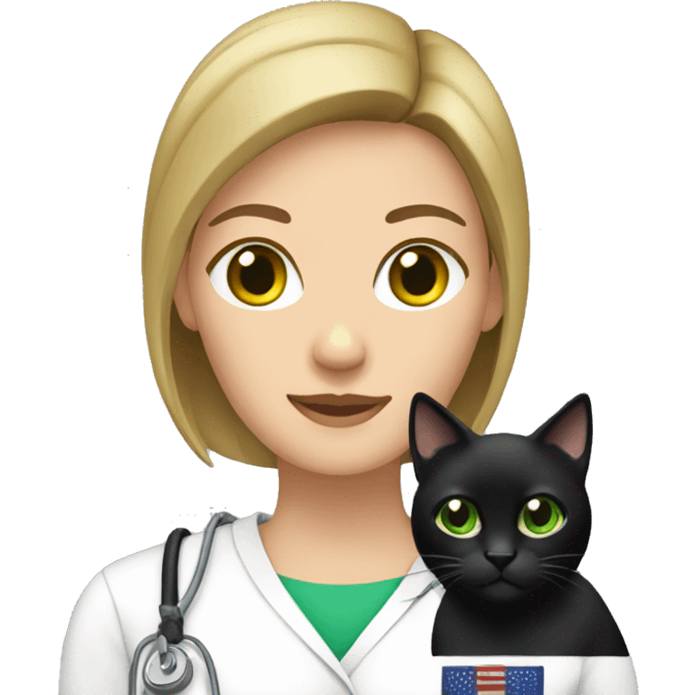 Brunette  vet with a black cat with green eyes emoji