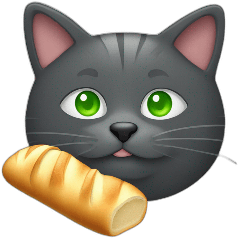 happy dark grey fat cat with green eyes eating a baguette emoji