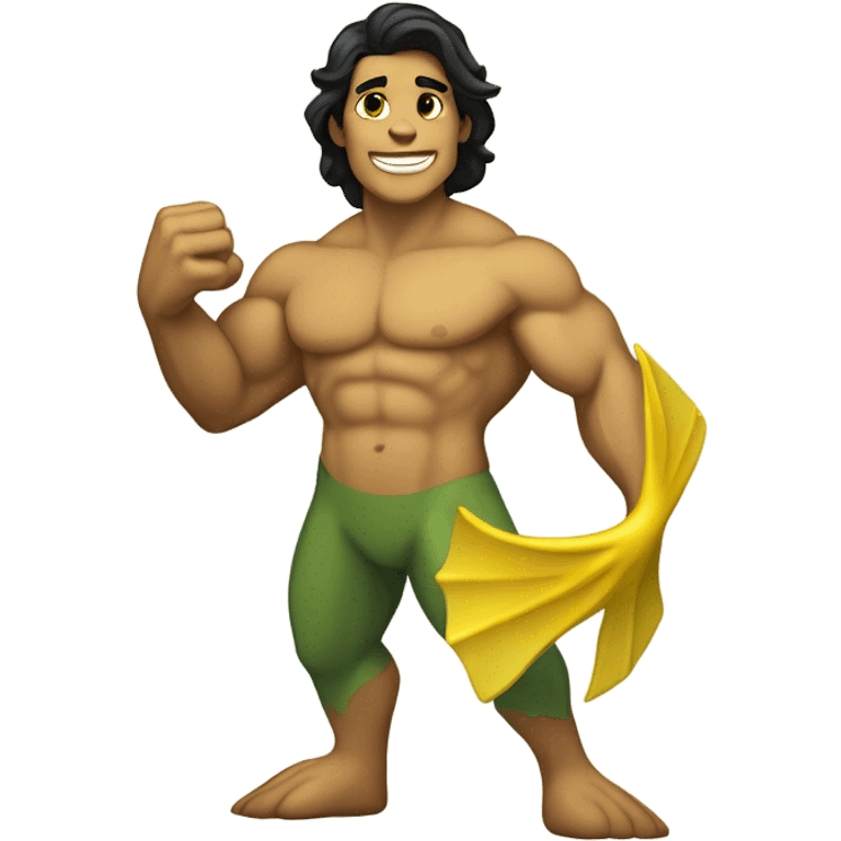 Tan muscular merman with dark hair and yellow tail emoji