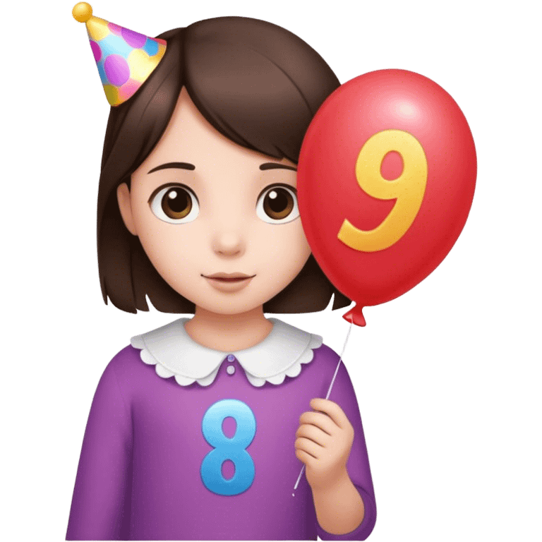 Little brunette girl with a birthday balloon that has a 9 on it emoji