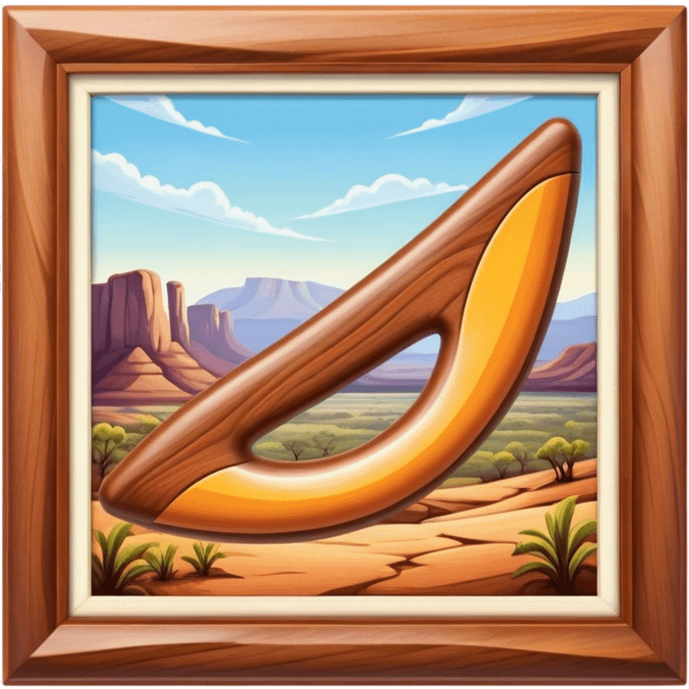 Cinematic Realistic image of a classic boomerang, rendered with detailed wood grain textures and vibrant colors, set against a sunlit outback landscape that emphasizes its iconic Australian heritage emoji